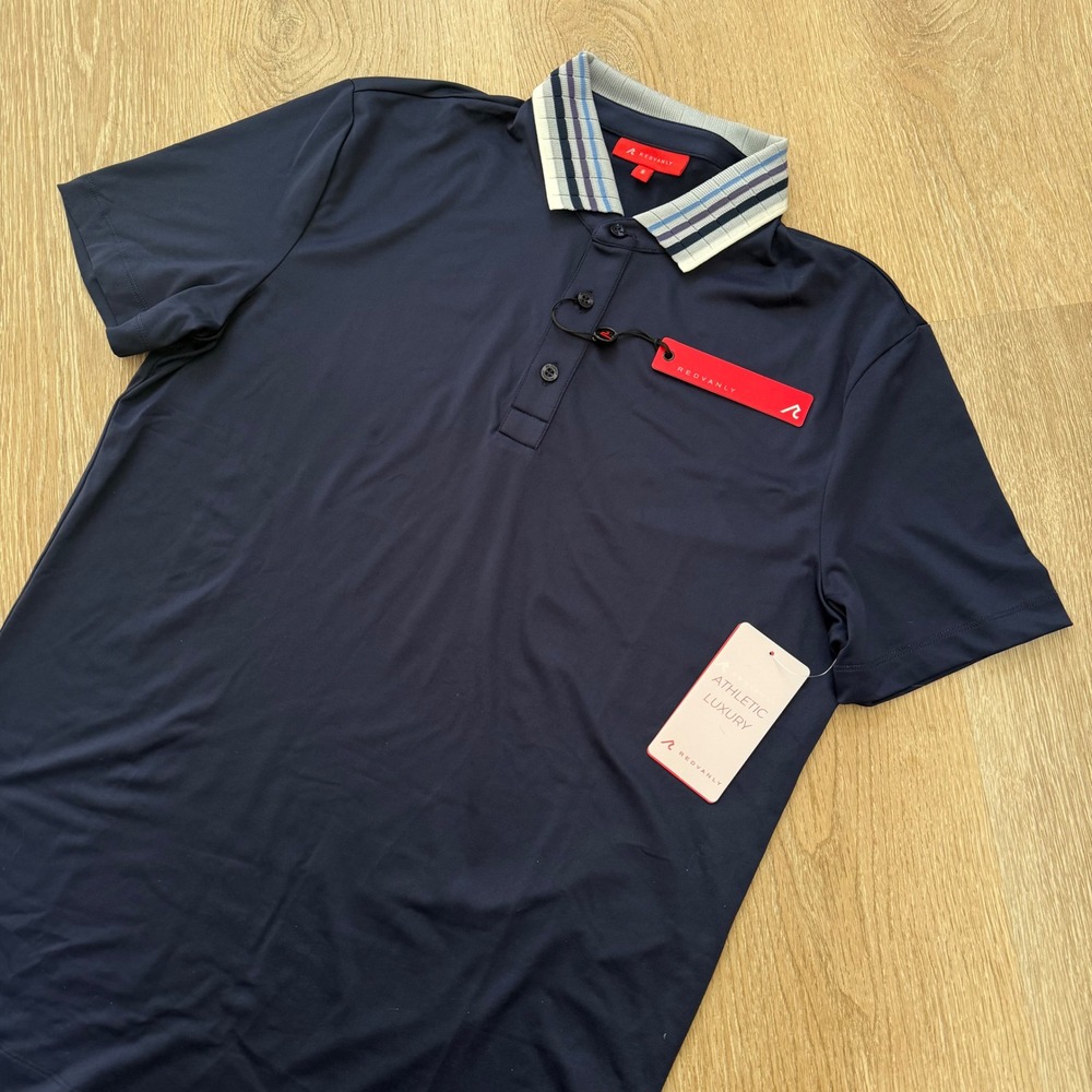 Redvanly Mael Polo Shirt Men S Midnight Navy Striped Collar Golf Performance NWT
